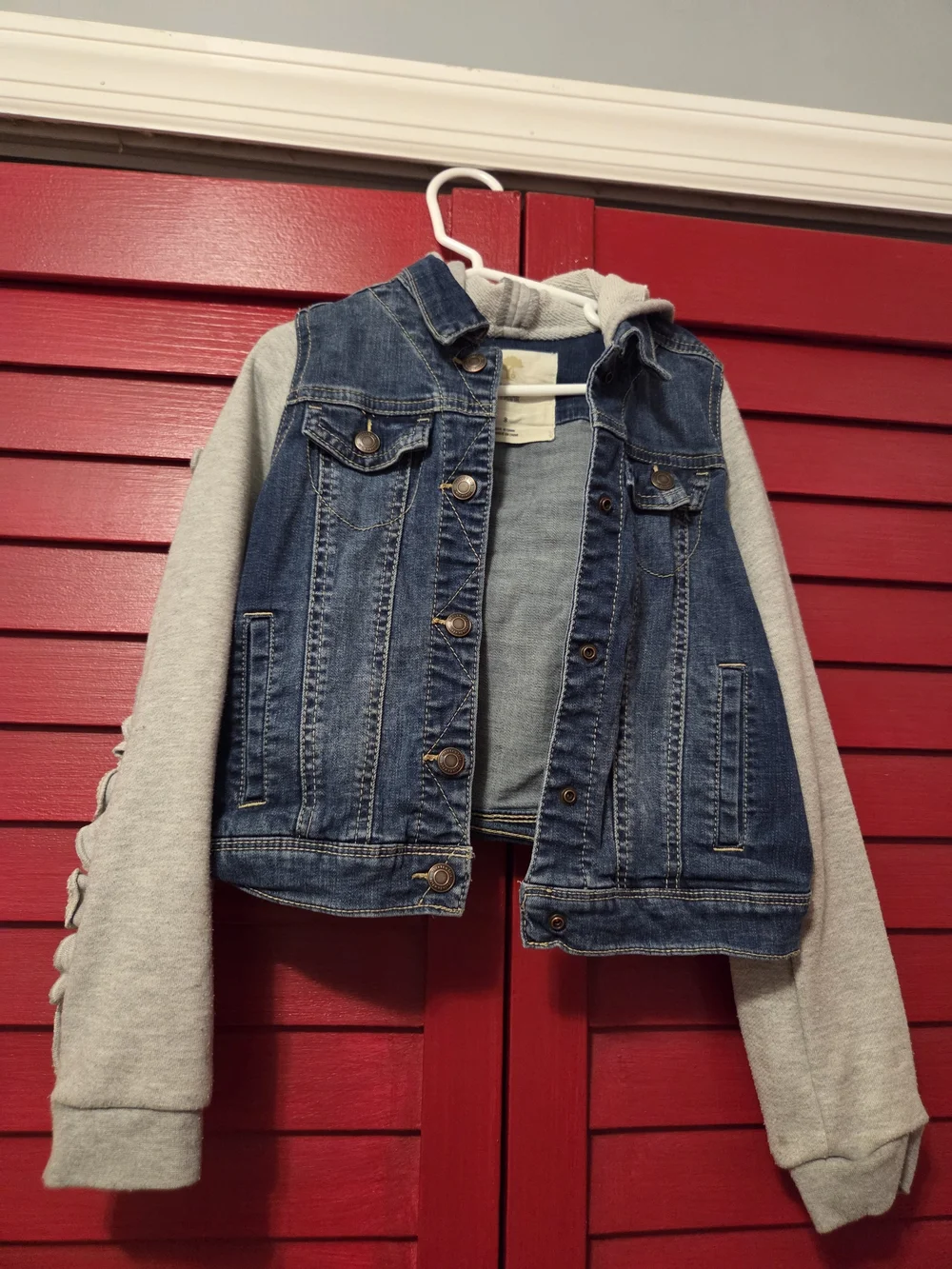 Tucker + Tate Blue Denim Jacket with Gray Hoodie Sleeves